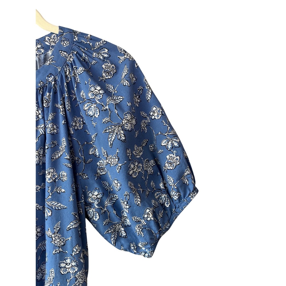 LOFT Blue Floral Cotton Rayon Tie Neck Puff Short Sleeve Peasant Blouse Medium - Picture 4 of 9